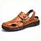 Men Cow Leather Hand Stitching Non Slip Soft Sole Casual Sandals - Yellow Brown