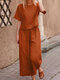 Solid Elastic Waist Short Sleeve Cotton Casual Suit - Orange