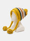 Women Knitted Plus Velvet Ear Protection Color-match Striped Fur Ball Decoration Warmth Beanie Hat - Yellow