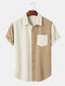 Mens Corduroy Contrast Patchwork Lapel Preppy Short Sleeve Shirts - Apricot