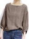 Check Pattern Puff Sleeve Crew Neck Casual Blouse - Brown
