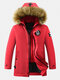 Mens Solid Winter Thicken Warm Zipper Fur Hooded Mid-Long Down Jacket - Red