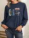 Cartoon Cat Print Long Sleeve O-neck Sweatshirt For Women - Blue