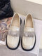 Women Casual Fashion Rhinestone Decor Comfortable Loafers Flat Shoes - Glossy Beige