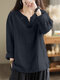 Solid Long Sleeve Notch Neck Blouse For Women - Blue