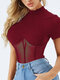 Solid Mesh Stitch Mock Neck Short Sleeve T-shirt - Wine Red