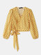 Dot Print V-neck Puff Long Sleeve Knotted Blouse For Women - Yellow