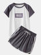Women Print Pajamas Set Patchwork Short Sleeve O-Neck Softies Sports Loungewear Elastic Waist Bottom Sleepwear - Light Purple