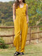 Solid Pocket Tie Drawstring Zip Front Casual Jumpsuit - Yellow