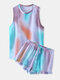 Women Sleeveless Pajamas Short Set Tie Dye Softies Gradient Two Piece Loungewear With Flounce Trim Bottom - Purple