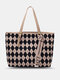 Women Faux Laeather Fashion Large Capacity Lattice Pattern Color Matching Handbag Tote - Khaki