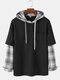Mens Patchwork Plaid Contrast Faux Twinset Casual Drawstring Hoodies With Pocket - Black
