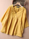 Women Solid Seam Detail V-Neck Cotton Loose Blouse - Yellow