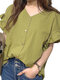 Solid Button Ruffle Sleeve V-neck Blouse For Women - Green