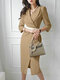 Women Solid Pleated Split Hem 3/4 Sleeve Blazer Dress - Khaki