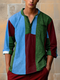 Camisas masculinas Color Block Patchwork com meio botão de manga comprida Henley - azul