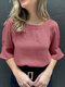 Women Solid Ruffle Sleeve Crew Neck Casual Blouse - Pink