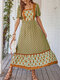 Bohemian Floral Print Square Collar Short Sleeve Maxi Dress - Green