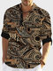 Camisas masculinas étnicas com estampa de totem de meio botão manga comprida Henley - Castanho