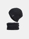 Men Knitted Plus Velvet Horizontal Vertical Striped Pattern Casual Outdoor Windproof Warmth Beanie Hat Scarf Set - Black