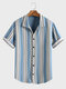 Mens Vertical Stripe Button Up Casual Short Sleeve Shirts - Blue