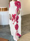 Women Floral Print Crew Neck Loose 3/4 Sleeve Maxi Dress - Pink