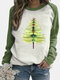 Tree Printed Long Sleeve O-neck Patchwork Sweatshirt For Women - Green