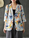 Flower Print Pockets 3/4 Sleeve Casual Jacket For Women - White