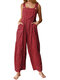 Floral Print Straps Wide Leg Pockets Vintage Jumpsuit For Women - Red