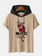 Mens Plum Bossom Character Print Short Sleeve Drawstring Hooded T-Shirts - Khaki