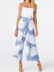 Feather Print Patchwork Knotted Sleeveless Casual Cami Jumpsuit - Blue