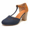 Large Size Women Retro Splicing Closed Toe T Strap Buckle Chunky Heel Pumps - Blue