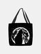Women Cat Moon Stars Pattern Print Shoulder Bag Handbag Tote - Black