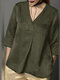 Solide Damen-Bluse mit V-Ausschnitt und plissiertem Satin mit 3/4-Ärmeln - Dunkelgrün