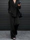 Solid Satin Long Sleeve Pocket Wide Leg Two Pieces Suit - Black