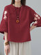 Flower Embroidery Frog Button Crew Neck 3/4 Sleeve Blouse - Red