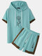 Mens Rose Japanese Print Contrast Stitching Hooded Two Pieces Outfits - Cyan