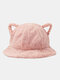 Women Lamb Wool Cartoon Cat Ear Shape Decor Thicken Warm Thermal Hat Bucket Hat - Pink