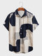 Mens Color Block Pattern Lapel Collar Short Sleeve Shirts - Dark Blue