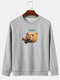 Mens Cartoon Drink Bear Print Crew Neck Cotton Casual Pullover Sweatshirts - Gray
