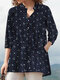 Floral Print Button Pocket Stand Collar 3/4 Sleeve Blouse - Navy
