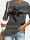 Schwarz Katze Print Langarm O-Ausschnitt Weiß Gestreift Plus Größe T-Shirt - Schwarz