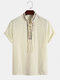 Mens Floral Embroidered Trim Bandage 100% Cotton Short Sleeve Henley Shirts - Apricot