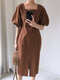 Solid Slit Puff Sleeve Square Collar Casual Dress - Brown
