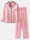 Plus Size Women Faux Silk Lapel Chest Pocket Long Pajamas Sets With Contrast Binding - Pink