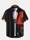 Mens Ethnic Pattern Color Block Patchwork Short Sleeve Shirts - Black