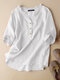Blusa de manga 3/4 de algodón con medio botón y volante liso Cuello para mujer - Blanco