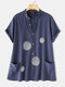Принт V-образный вырез с короткими рукавами Plus Размер Рубашка с карманами - Синий