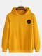 Mens Rose Pattern Solid Loose Drawstring Pullover Casual Hoodie - Yellow