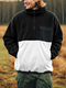 Mens Contrast Patchwork Half Zip Flap Pocket Fleece Pullover Sweatshirts - Black